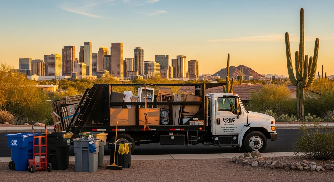 Phoenix skyline at sunset with desert mountains, modern buildings, and clear Arizona sky.