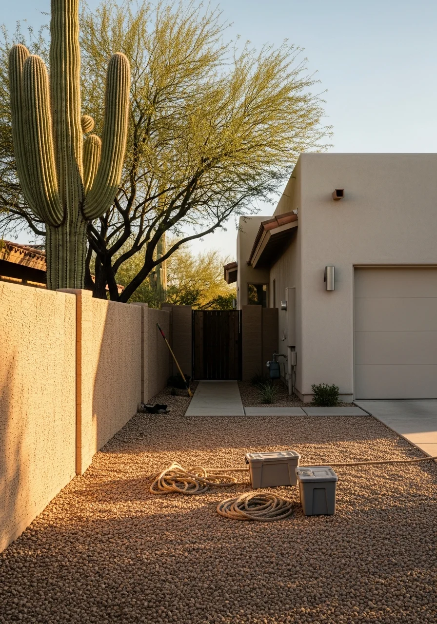 Scottsdale property owner reviewing completed work with professional contractor in front of home.