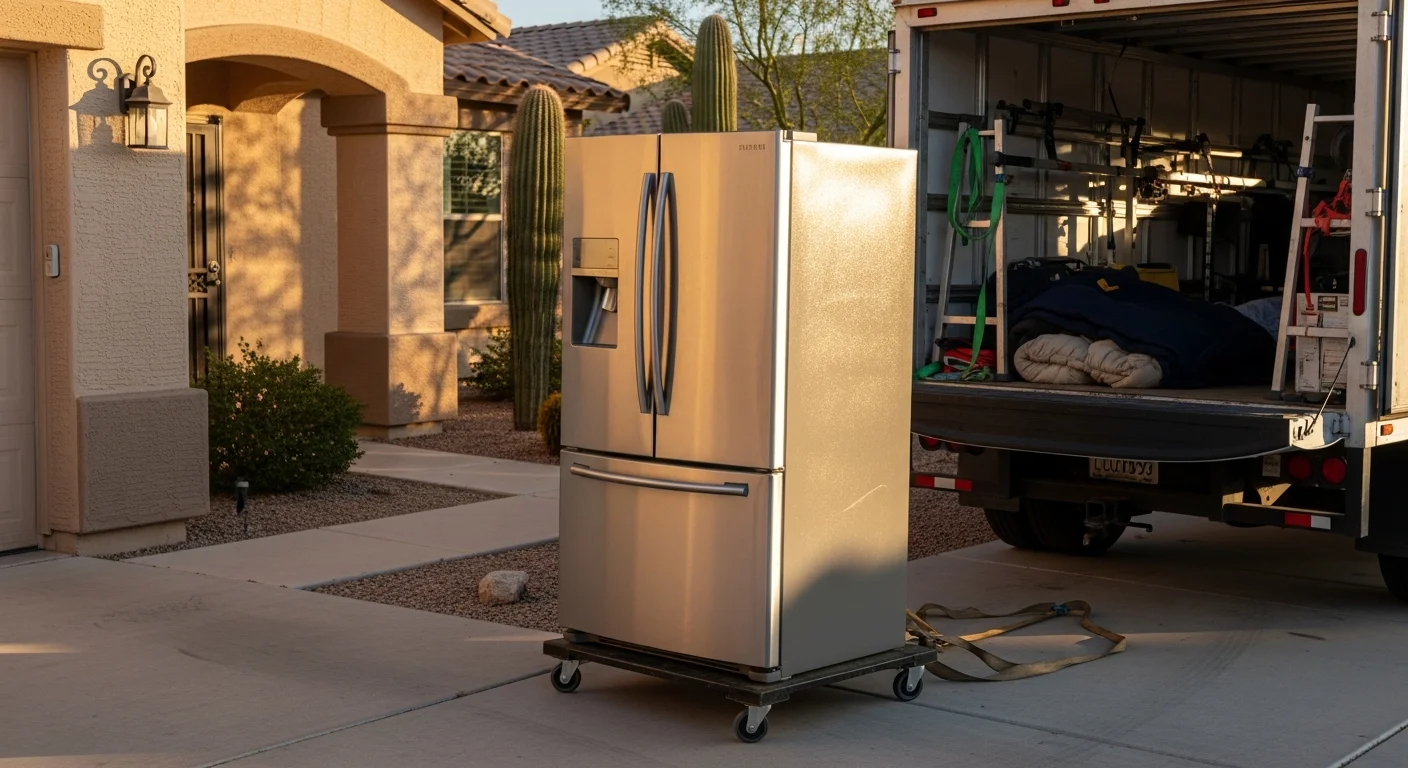 A junk removal crew loading a large old refrigerator onto a truck outside a single-family home in Goodyear, Arizona. The driveway is clear and the garage behind them is empty after the appliance pickup.
