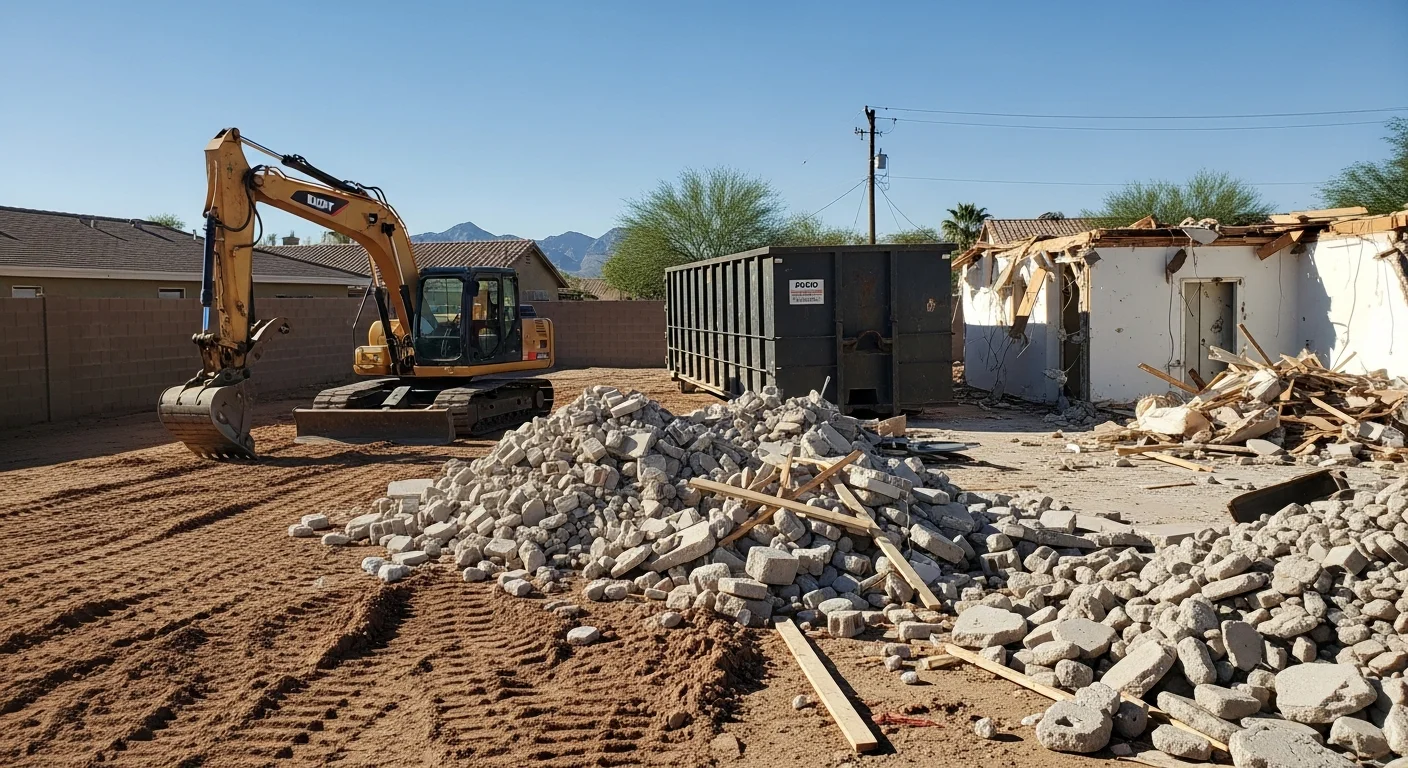 A cleared residential lot in Goodyear, AZ after a full building demolition, with all structural debris removed and bare ground ready for new construction. A demolition crew and equipment are visible working on a single-story structure teardown in a Goodyear neighborhood.