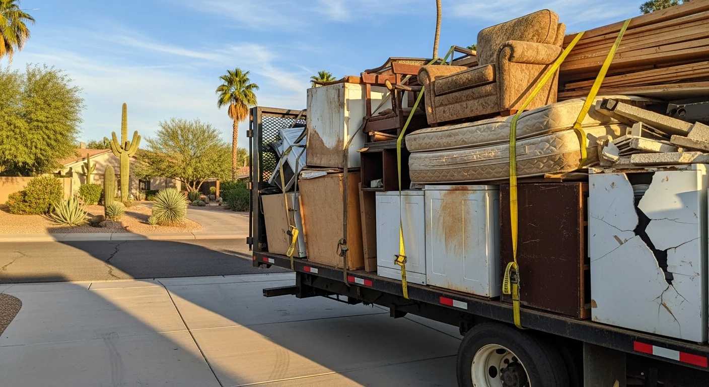A cleared Goodyear residential garage with a Cee J Junk Removal LLC truck loaded with old furniture and bulk household items ready for disposal. The driveway and interior space are empty after a full bulk item removal.