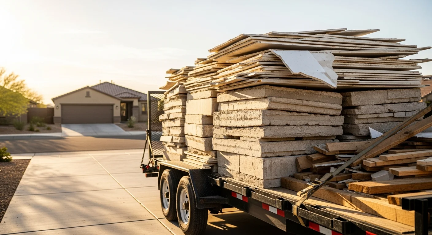 A cleared residential driveway in Goodyear, Arizona after construction debris removal, with a loaded haul truck parked alongside a freshly renovated single-story home. Stacked drywall scraps, tile pieces, and lumber remnants are visible in the truck bed ready for disposal.
