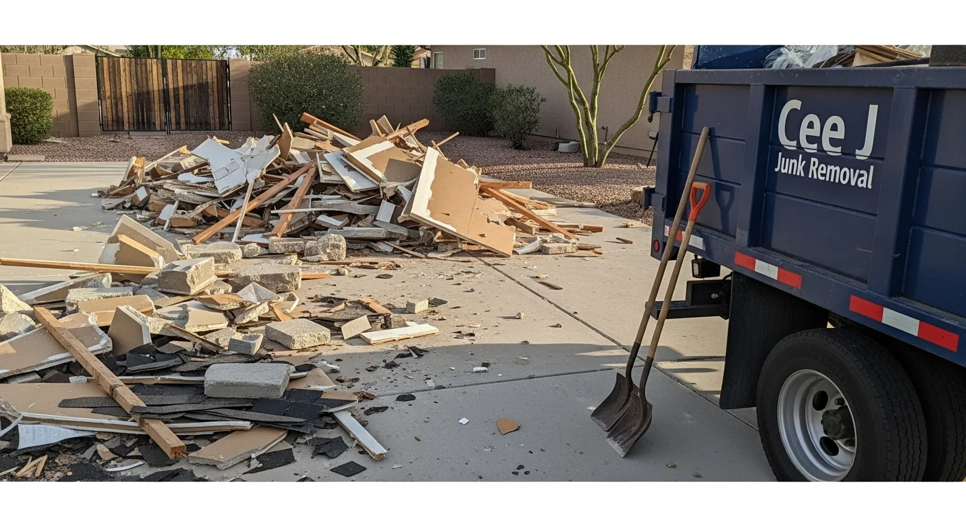 A cleared Goodyear residential property after debris removal, with a loaded haul truck parked in the driveway and the work area free of concrete rubble, lumber scraps, and drywall waste. The surrounding desert landscaping and stucco exterior are typical of newer construction homes in the Goodyear area.