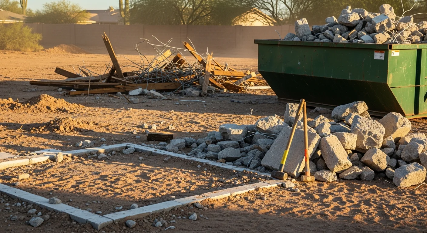 A cleared residential lot in Goodyear, AZ after a shed and concrete patio were demolished and all debris hauled away. The surrounding yard and fencing remain intact following the teardown.