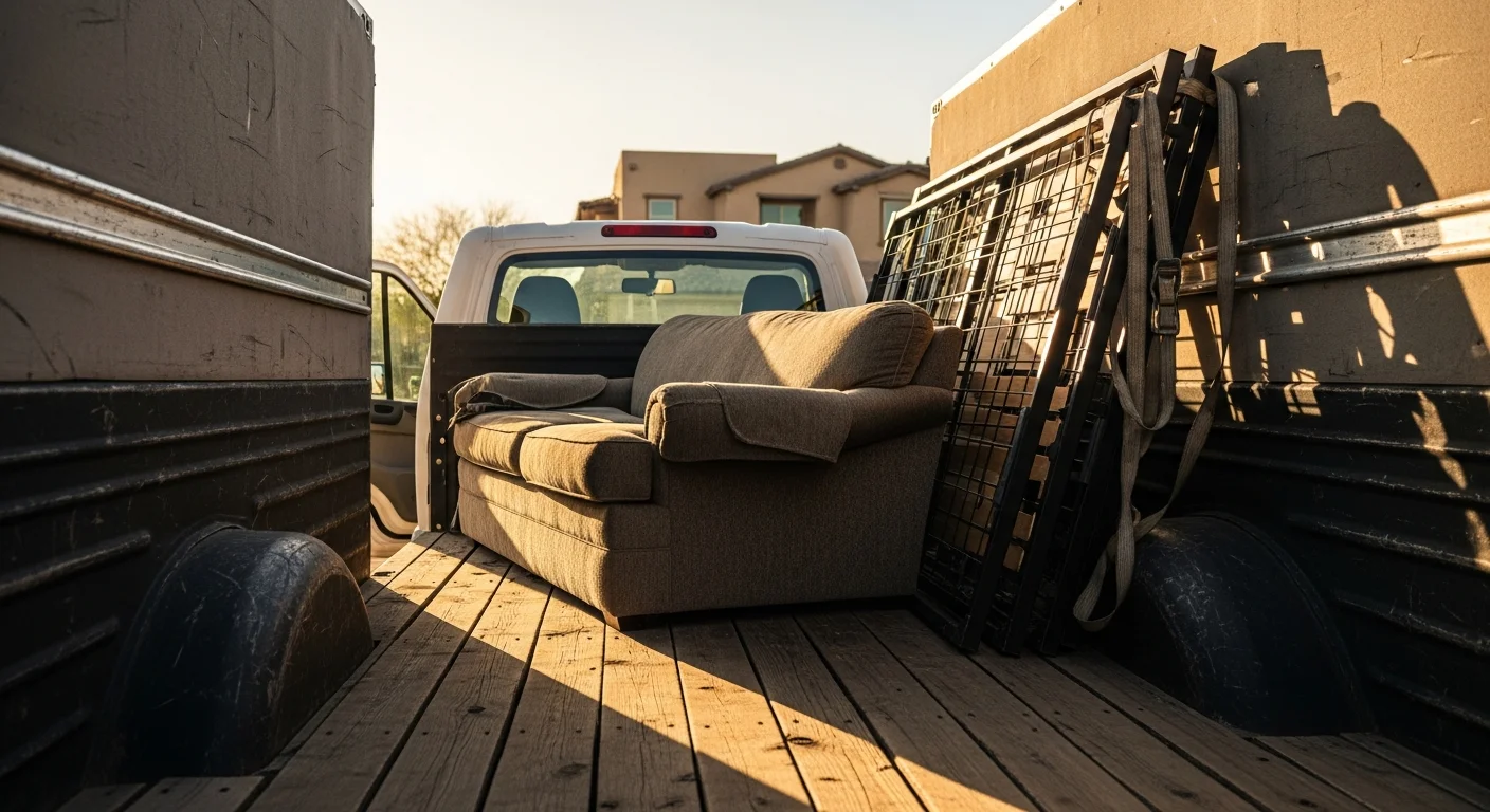 A Cee J Junk Removal LLC crew member loading a large sectional sofa onto a removal truck outside a single-family home in Goodyear, Arizona. The driveway is clear and the home interior is visible through the open front door.