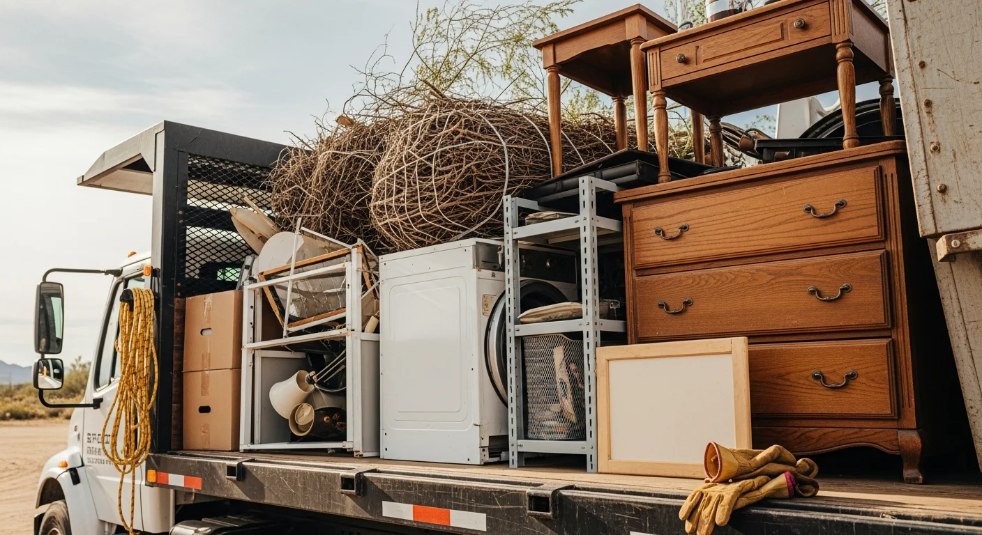 Canyon Haul crew loading bulky furniture and household debris into a hauling truck outside a single-family home in Phoenix, Arizona.