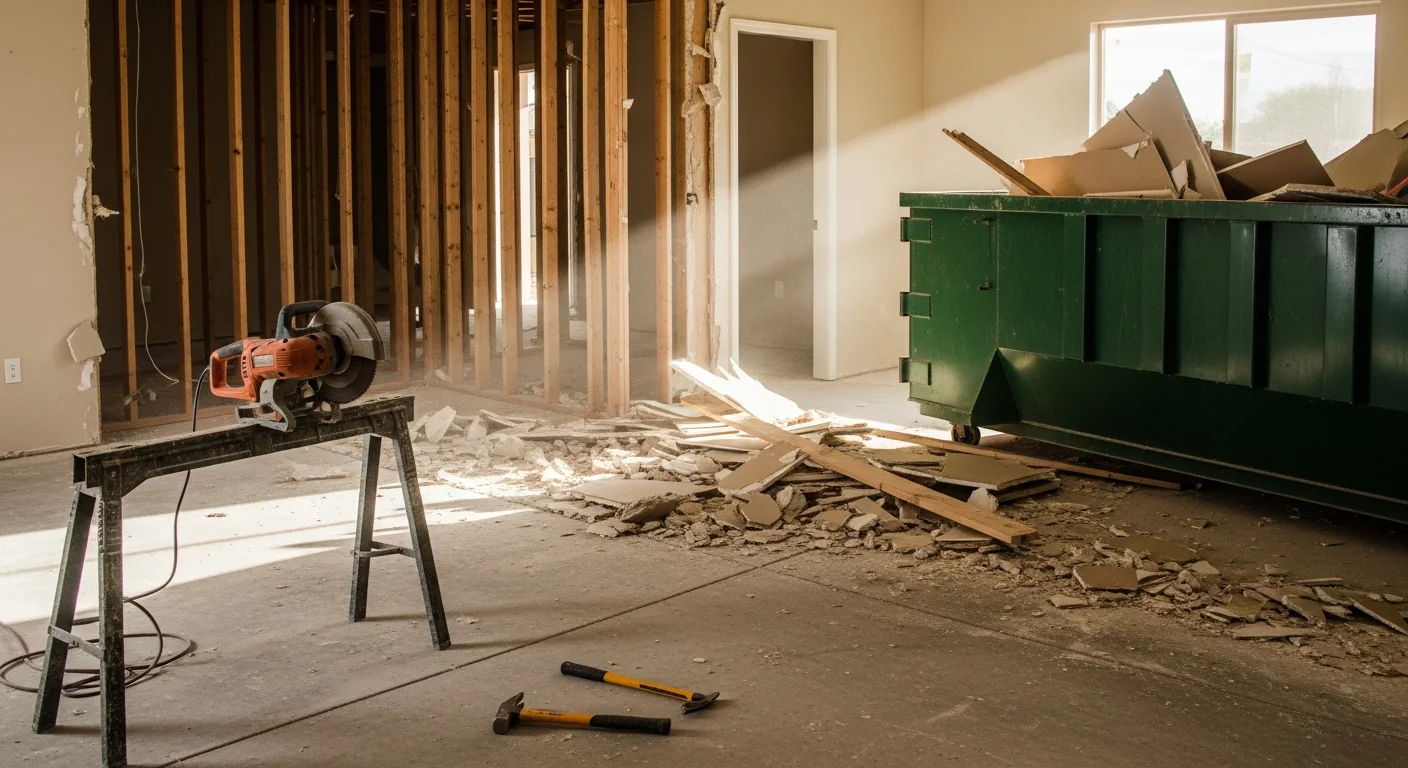 Interior of a Goodyear, AZ home mid-demolition with cabinetry and drywall removed, exposing bare wall framing in a gutted kitchen. A cleared concrete subfloor is visible with demolition debris staged for removal.
