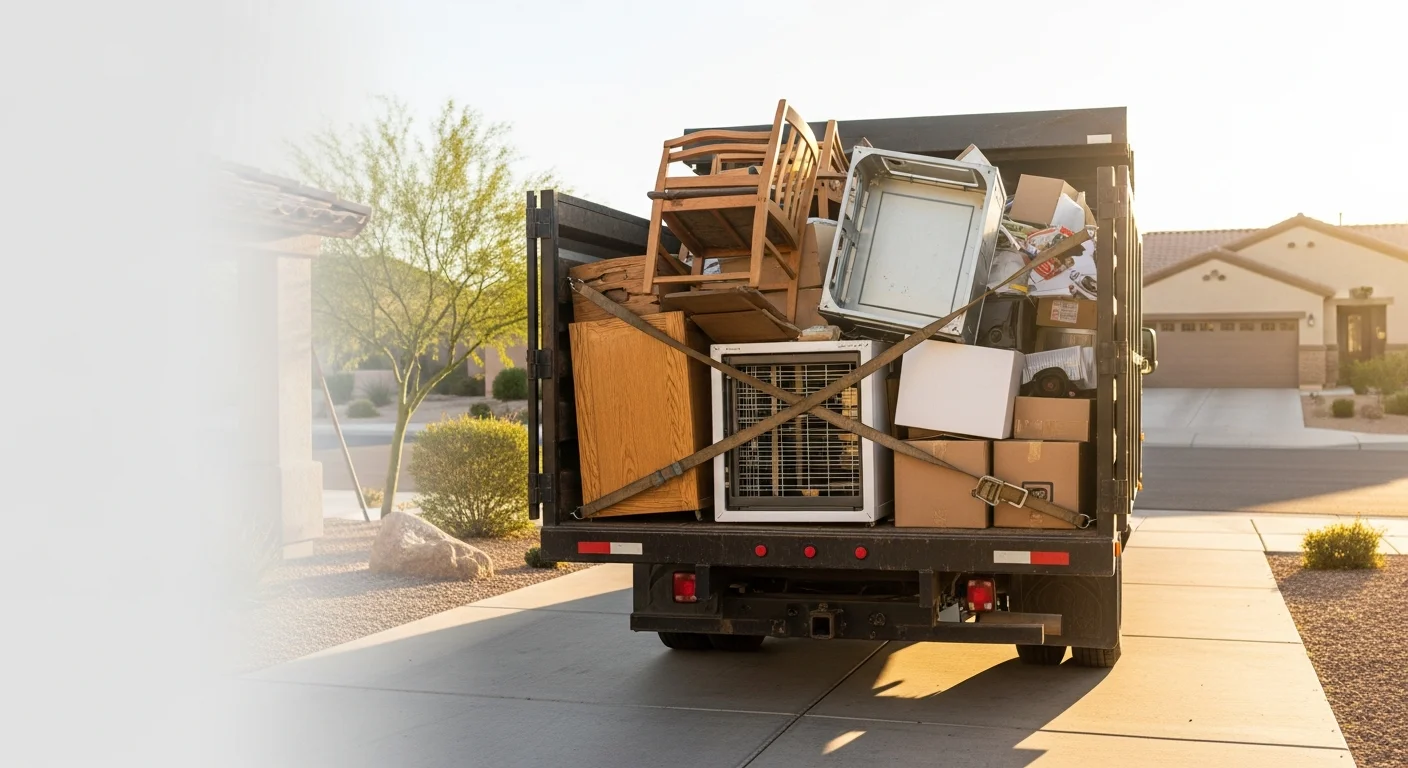 A cleared Goodyear garage with empty floor space after junk removal, showing removed furniture and boxes loaded into a junk removal truck parked in the driveway. The property exterior is clean and free of bulk items.