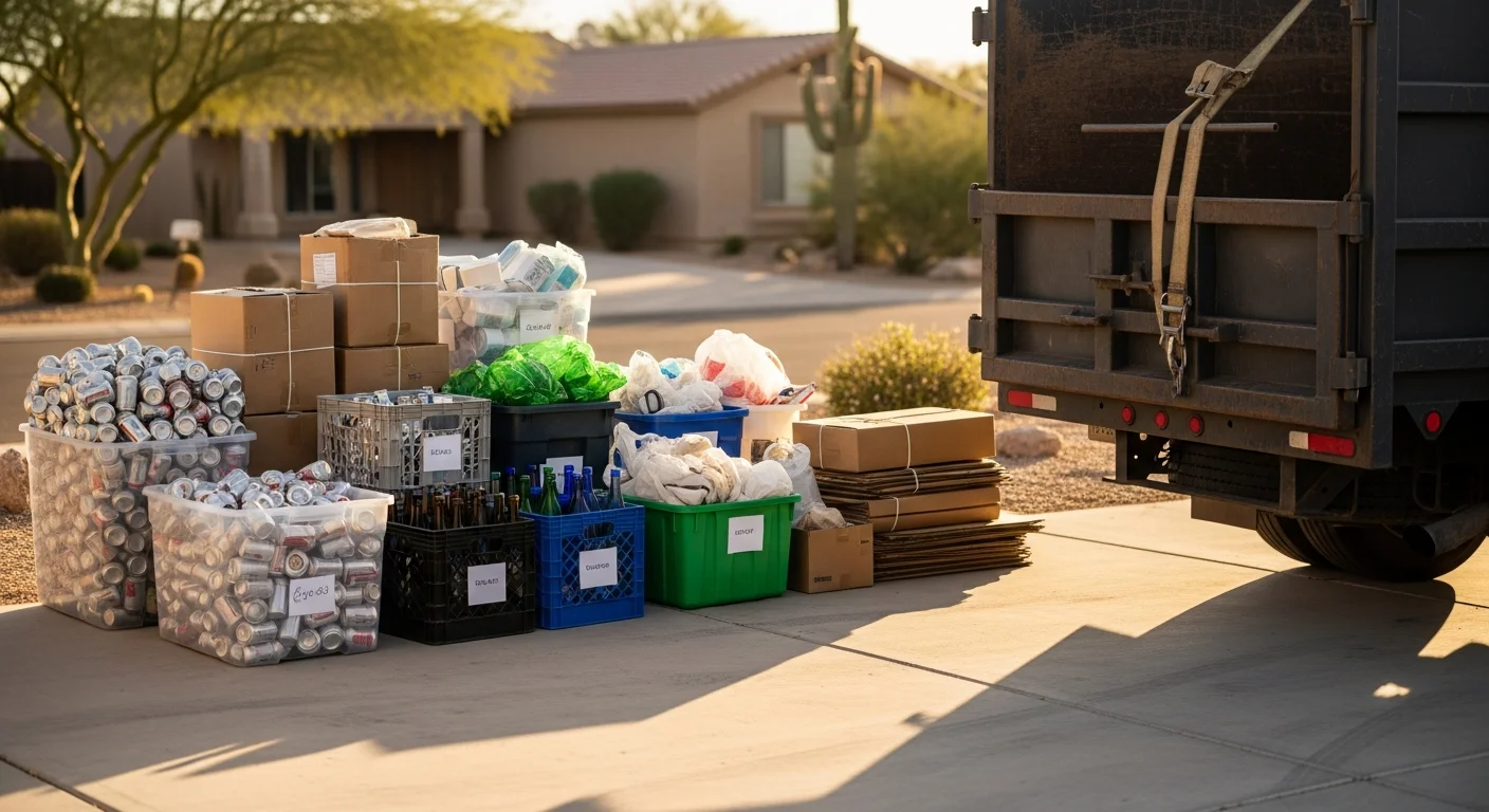 A Cee J Junk Removal LLC truck loaded with recyclable materials collected from a residential property in Goodyear, AZ. The driveway is clear and the home exterior is visible in the background.