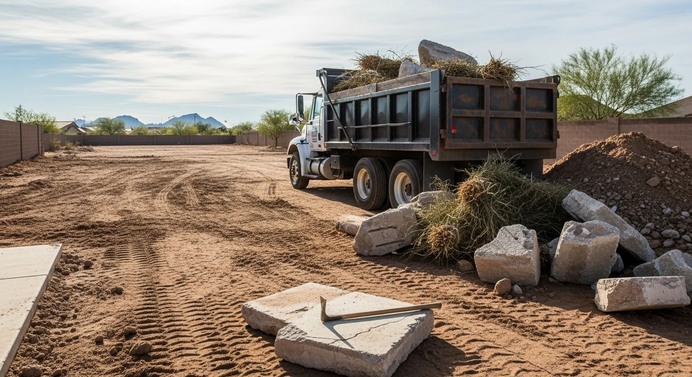 A cleared desert lot in Goodyear, Arizona with surface debris, dry brush, and construction waste fully removed, leaving open ground ready for grading or building. Cee J Junk Removal LLC site clearing service result on a residential parcel in the West Valley.