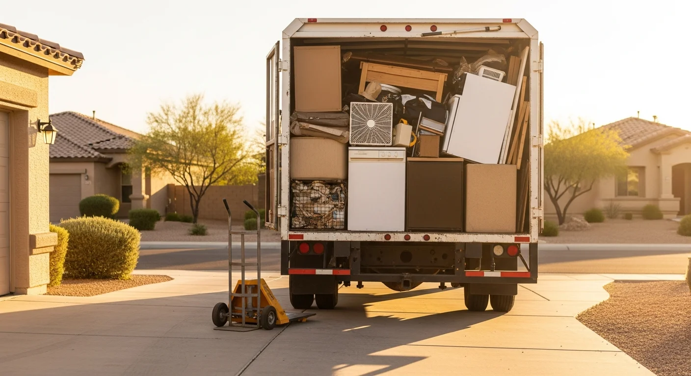 A cleared Goodyear residential garage with bags of household waste, old furniture, and yard debris loaded into a junk removal truck parked in the driveway. The property is clean and free of clutter after a full waste disposal pickup by Cee J Junk Removal LLC.