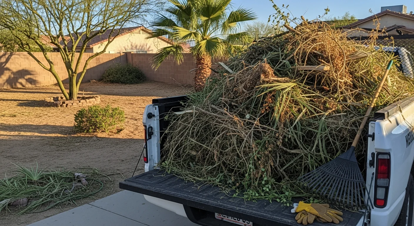 A cleared Goodyear backyard with a pile of palm fronds, tree branches, and dry brush loaded into a junk removal truck. Desert landscaping and a block wall fence are visible in the background.